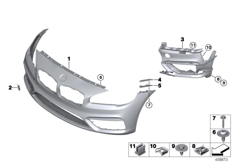 Picture board Trim panel, front for the BMW 2 Series models  Original BMW spare parts from the electronic parts catalog (ETK) for BMW motor vehicles (car)   C-clip nut, C-clip nut, self-locking, Flap, towing eye, primed, Hex Bolt, Insert, bumper front rig