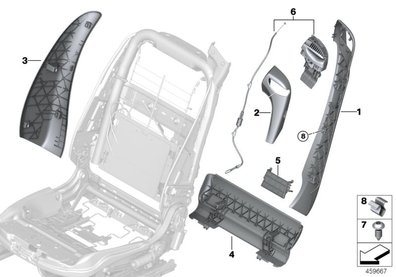 Bildtafel Sitz vorn Lehnenblenden für die BMW 4er Modelle  Original BMW Ersatzteile aus dem elektronischen Teilekatalog (ETK) für BMW Kraftfahrzeuge( Auto)    Blende Gurtführung links, Blende Lehne aussen links, Blende Lehne innen links, Federklammer, Gur