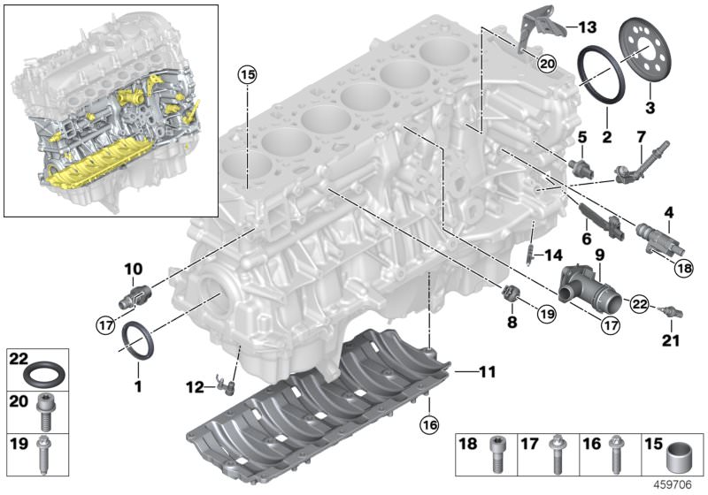 Picture board Engine block mounting parts for the BMW 4 Series models  Original BMW spare parts from the electronic parts catalog (ETK) for BMW motor vehicles (car)   ASA-Bolt, Blind plug, Connector, Crankshaft sensor, Dowel, Fillister head screw, Hexalob