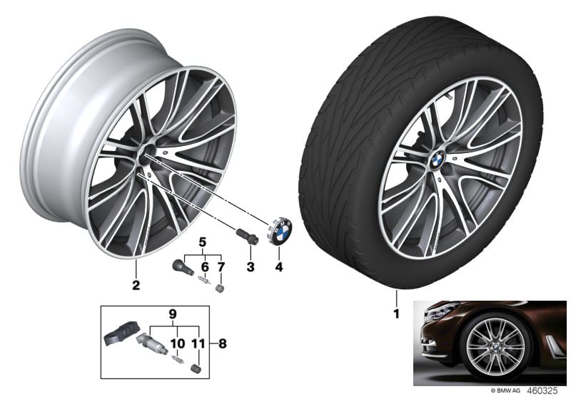 Picture board BMW LM wheel V-spoke 649i - 20´´ for the BMW 7 Series models  Original BMW spare parts from the electronic parts catalog (ETK) for BMW motor vehicles (car)   Hub cap with chrome edge, Light alloy rim Ferricgrey, Repair kit, screw-type valve 