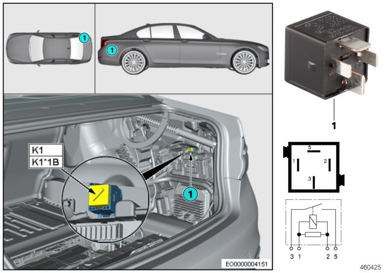 Illustration du Relais suspension pneum.essieu K1 pour les BMW 6 Série Modèles  Pièces de rechange d'origine BMW du catalogue de pièces électroniques (ETK) pour véhicules automobiles BMW (voiture)   Relay, make contact, black