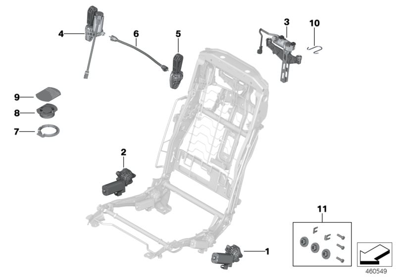 Picture board Seat, rear, electrical system and drives for the BMW 7 Series models  Original BMW spare parts from the electronic parts catalog (ETK) for BMW motor vehicles (car)   Actuator f upper backrest adjustment, Drive, backrest angle adjustment, lef
