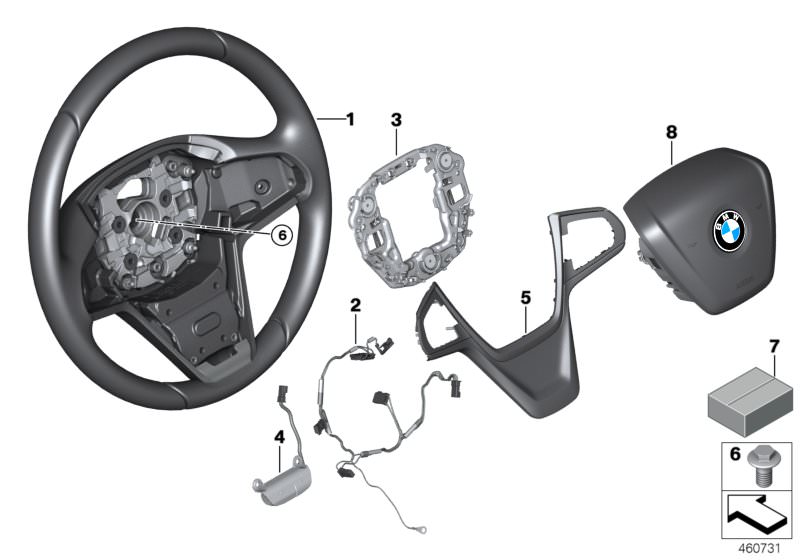 Picture board Steering wheel, leather for the BMW 7 Series models  Original BMW spare parts from the electronic parts catalog (ETK) for BMW motor vehicles (car)   Airbag module, driver´s side, connecting line, steering wheel, Decorative trim, steering whe