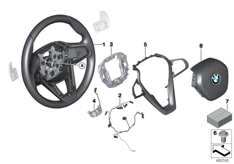 Picture board Sport st.wheel, airbag, multif./paddles for the BMW 7 Series models  Original BMW spare parts from the electronic parts catalog (ETK) for BMW motor vehicles (car)   Airbag module, driver´s side, connecting line, steering wheel, Decorative tr