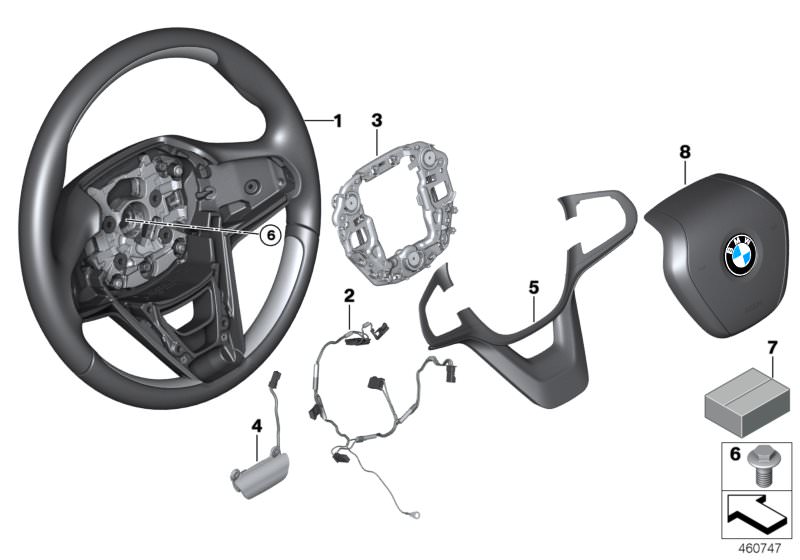 Picture board Steering wheel, wood, airbag for the BMW 7 Series models  Original BMW spare parts from the electronic parts catalog (ETK) for BMW motor vehicles (car)   Airbag module, driver´s side, connecting line, steering wheel, Decorative trim, steerin