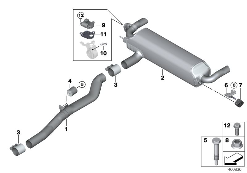 Bildtafel Abgasanlage hinten für die BMW 7er Modelle  Original BMW Ersatzteile aus dem elektronischen Teilekatalog (ETK) für BMW Kraftfahrzeuge( Auto)    Befestigungsbügel, Bundschraube, Halter Nachschalldämpfer vorn, Nachschalldämpfer mit Abgasklappe, Pe