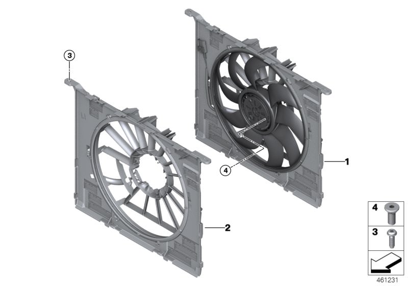 Picture board Fan housing, mounting parts for the BMW 6 Series models  Original BMW spare parts from the electronic parts catalog (ETK) for BMW motor vehicles (car)   Fan housing with fan, Fan shroud with flaps, Fillister head screw, Screw
