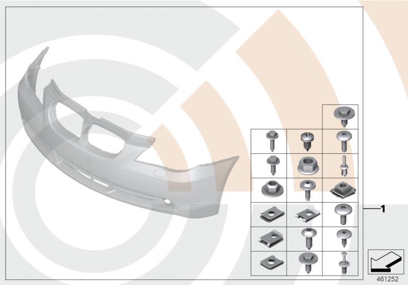 Picture board Mounting kit, bumper for the BMW 5 Series models  Original BMW spare parts from the electronic parts catalog (ETK) for BMW motor vehicles (car)   Set, mounting parts, bumper, front