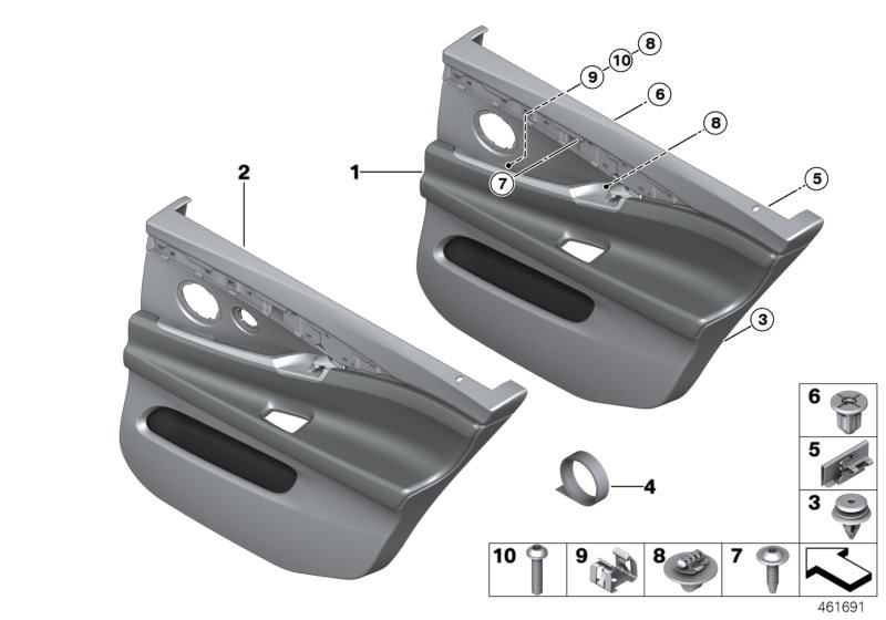 Picture board Door trim, rear for the BMW 5 Series models  Original BMW spare parts from the electronic parts catalog (ETK) for BMW motor vehicles (car)   Adhesive tape, Clamp, Clip with washer, natur, Door lining leather rear left, Expanding nut, Fillist