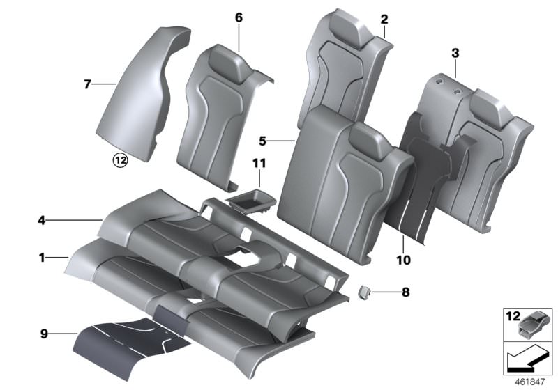 Bildtafel Sitz hinten Polster und Bezug Basissitz für die BMW 4er Modelle  Original BMW Ersatzteile aus dem elektronischen Teilekatalog (ETK) für BMW Kraftfahrzeuge( Auto)    Ablageschale, Bezug Lehne Leder hinten links, Bezug Lehne Leder hinten rechts, B