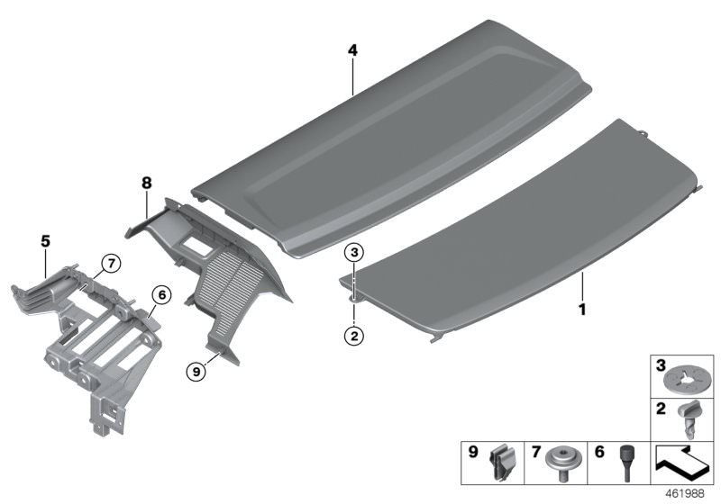 Picture board REAR WINDOW SHELF for the BMW 5 Series models  Original BMW spare parts from the electronic parts catalog (ETK) for BMW motor vehicles (car)   Carrier, capping, right, Clamp, Fillister head screw, Lock, Parcel shelf, rear, Retainer, Stop buf