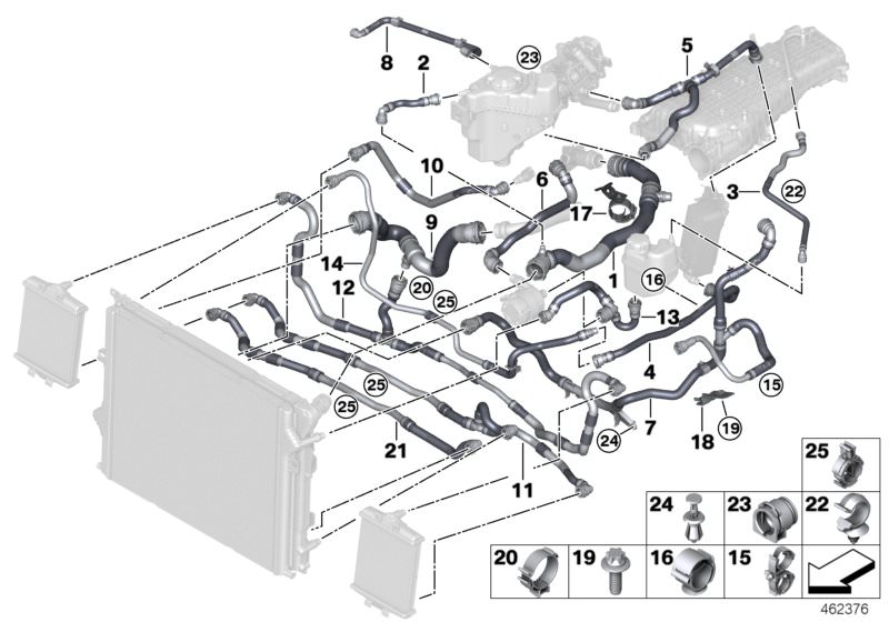 Illustration du Flexibles système de refroidissement pour les BMW 3 Série Modèles  Pièces de rechange d'origine BMW du catalogue de pièces électroniques (ETK) pour véhicules automobiles BMW (voiture)   ASA screw, thread-forming, Blind plug, DUAL CLIP, Edg