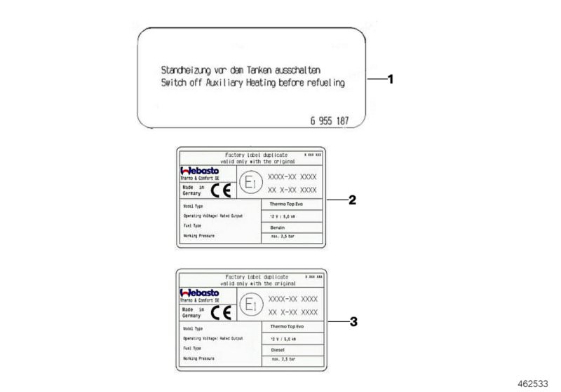 Picture board Labels independent heating for the BMW 7 Series models  Original BMW spare parts from the electronic parts catalog (ETK) for BMW motor vehicles (car)   Duplicate information label, diesel fuel, Duplicate information label, petrol, Tank infor