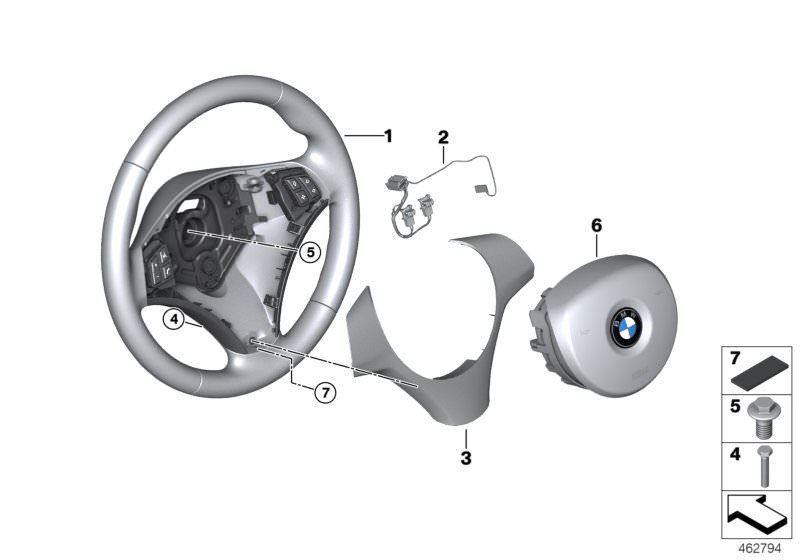 Picture board Airbag sports steering wheel for the BMW 1 Series models  Original BMW spare parts from the electronic parts catalog (ETK) for BMW motor vehicles (car)   Airbag module, driver´s side, Connecting line airbag / coil spring, Cover,steer.wheel b