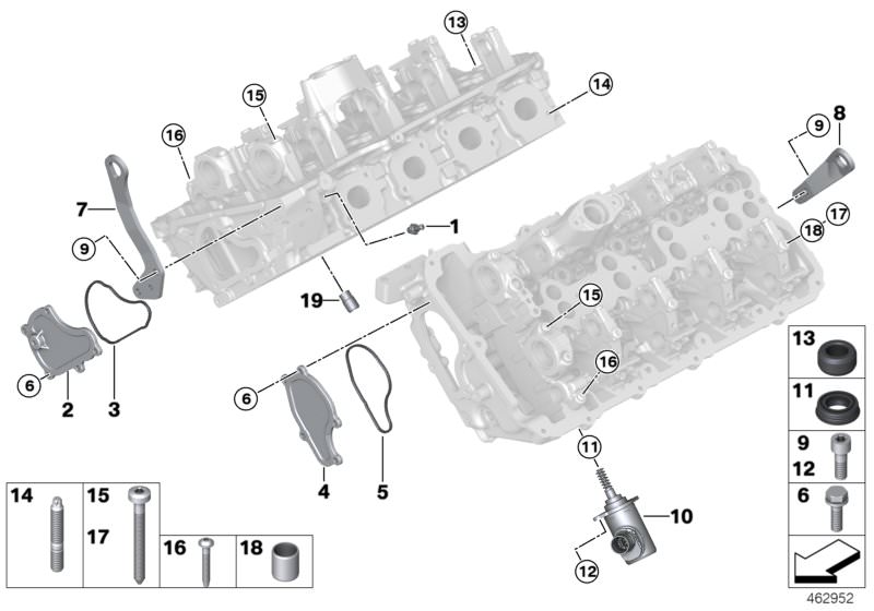 Bildtafel Zylinderkopf-Anbauteile für die BMW 7er Modelle  Original BMW Ersatzteile aus dem elektronischen Teilekatalog (ETK) für BMW Kraftfahrzeuge( Auto)    Anschlussstutzen mikroverkapselt, Deckel, Dichtring, Dichtung, ISA-Schraube, Lasche, Passhülse, 