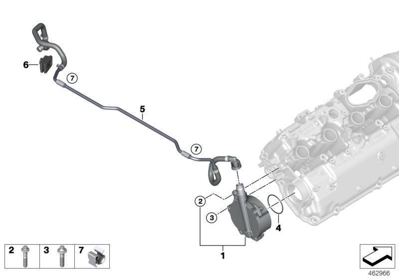 Bildtafel Vakuumpumpe mit Leitungsführung für die BMW 7er Modelle  Original BMW Ersatzteile aus dem elektronischen Teilekatalog (ETK) für BMW Kraftfahrzeuge( Auto)    Gummitülle, Halteklammer, O-Ring, Sechsrundschraube, Torxschraube, Unterdruckleitung, Va