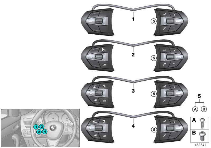 Illustration du Touches volant multifonctions M-Sport pour les BMW 2 Série Modèles  Pièces de rechange d'origine BMW du catalogue de pièces électroniques (ETK) pour véhicules automobiles BMW (voiture)   Set of screws, Switch, multifct.steering wheel, M-Sp
