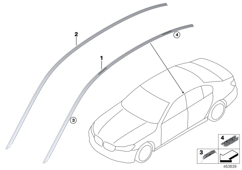 Picture board Roof moulding/Roof rail for the BMW 7 Series models  Original BMW spare parts from the electronic parts catalog (ETK) for BMW motor vehicles (car)   Clip, roof frame strip, Clip, roof trim strip, Finisher, side frame left, Roof moulding prim