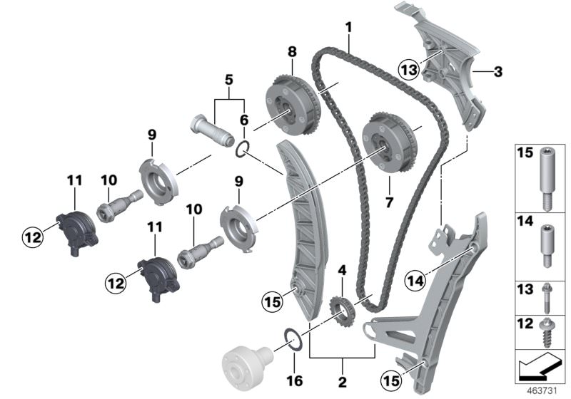 Picture board Timing and valve train-timing chain for the BMW X Series models  Original BMW spare parts from the electronic parts catalog (ETK) for BMW motor vehicles (car)   Actuator, Adjustment unit, inlet camshaft, Adjustment unit, outlet camshaft, ASA
