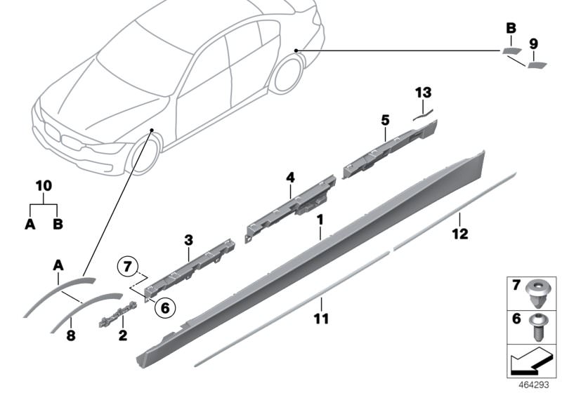 Picture board Cover door sill / wheel arch for the BMW 3 Series models  Original BMW spare parts from the electronic parts catalog (ETK) for BMW motor vehicles (car)   Expanding nut, Fillister head screw, Scuff protection film, Set, adhesive pads, Sill tr