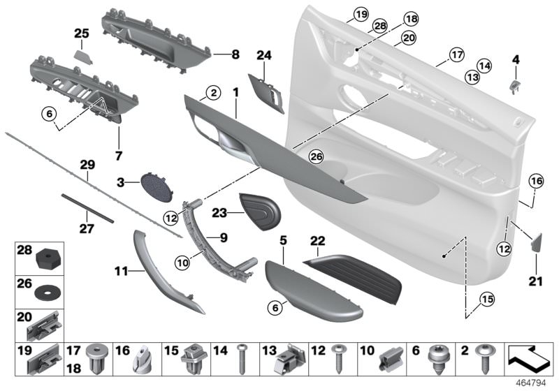 Bildtafel Anbauteile Türverkleidung vorn für die BMW X Modelle  Original BMW Ersatzteile aus dem elektronischen Teilekatalog (ETK) für BMW Kraftfahrzeuge( Auto)    Abdeckkappe Schraube, Abdeckung rechts, Armauflage links, Blende Fensterheberschalter recht