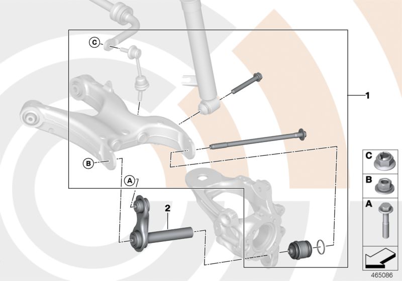 Illustration du Kit de réparation articulation à rotule pour les BMW X Série Modèles  Pièces de rechange d'origine BMW du catalogue de pièces électroniques (ETK) pour véhicules automobiles BMW (voiture)   Repair kit, ball joint