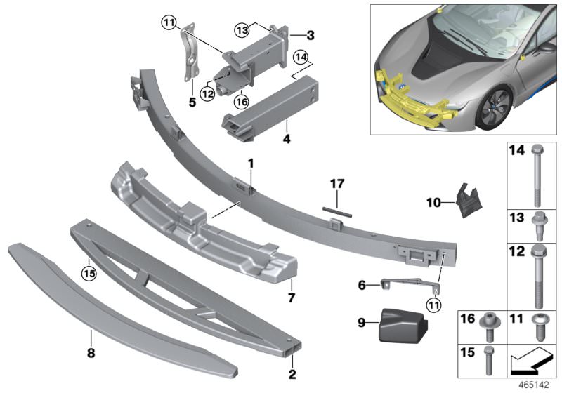 Picture board Support, front for the BMW i Series models  Original BMW spare parts from the electronic parts catalog (ETK) for BMW motor vehicles (car)   Carrier, bumper front, Carrier, bumper, front bottom, Connecting element, Deformation element, front 