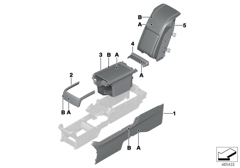 Picture board Individual rear console for the BMW 7 Series models  Original BMW spare parts from the electronic parts catalog (ETK) for BMW motor vehicles (car)   Armrest rear console w.decor.stitching, Cover, rear console, rear, Rear console centre trim,