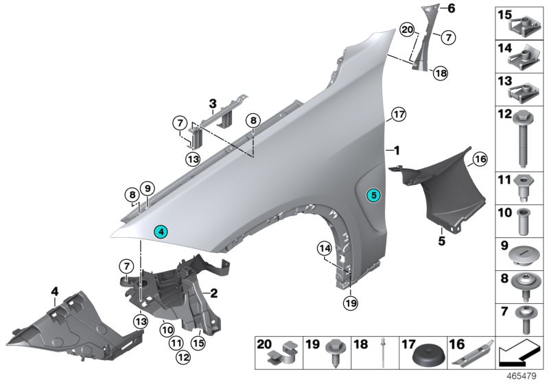 Picture board Front side panel/Mounting parts for the BMW X Series models  Original BMW spare parts from the electronic parts catalog (ETK) for BMW motor vehicles (car)   Air duct, side panel, front right, Blind plug, Blind rivet, Blind rivet nut, flat he