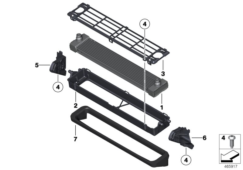 Picture board Radiator, front-mounted for the BMW X Series models  Original BMW spare parts from the electronic parts catalog (ETK) for BMW motor vehicles (car)   Bracket, radiator bottom left, Bracket, radiator bottom right, Cover, Frame, Radiator, front