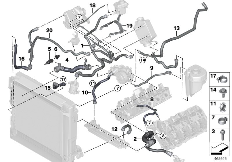 Illustration du Systeme de refroidissement - durit pour les BMW X Série Modèles  Pièces de rechange d'origine BMW du catalogue de pièces électroniques (ETK) pour véhicules automobiles BMW (voiture)   Coolant hose, Coolant hose radiator, Fillister head scr