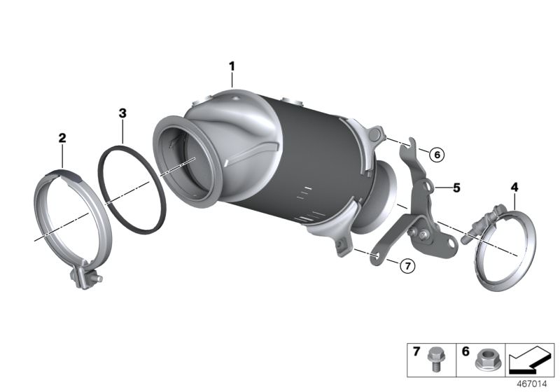 Picture board Engine-compartment catalytic converter for the BMW 2 Series models  Original BMW spare parts from the electronic parts catalog (ETK) for BMW motor vehicles (car)   Exch catalytic converter close to engine, Gasket ring, Hex Bolt with washer, 