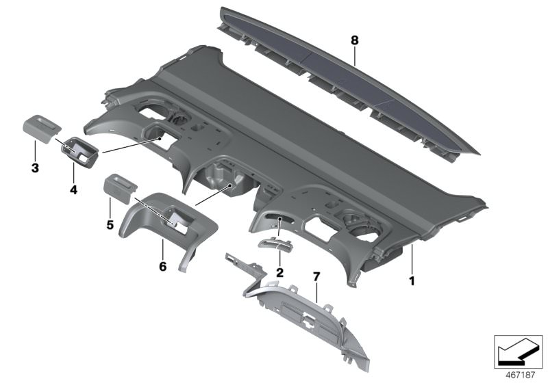 Picture board Indi.storage shelf multifunction seat for the BMW 7 Series models  Original BMW spare parts from the electronic parts catalog (ETK) for BMW motor vehicles (car)   Cover, belt outlet, center, Right storage shelf support, Storage shelf, Alcant