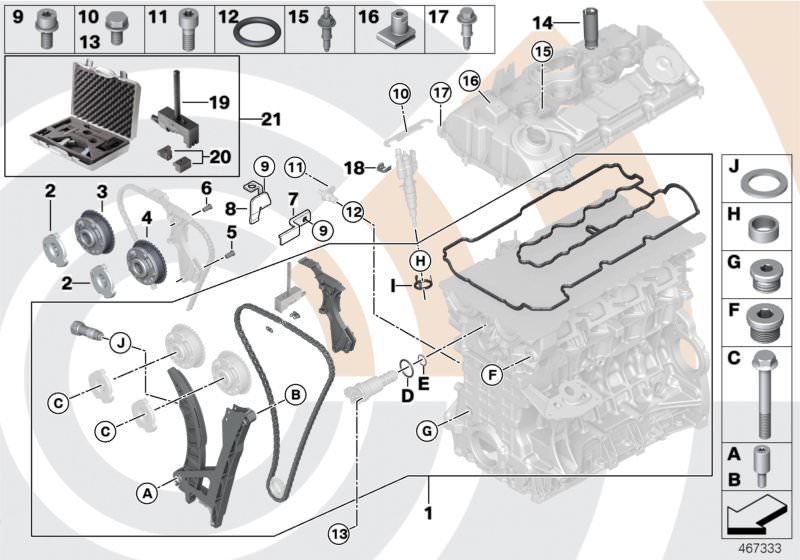 Picture board Repair kit, open timing chain, top for the BMW 3 Series models  Original BMW spare parts from the electronic parts catalog (ETK) for BMW motor vehicles (car)   Adjustment unit, inlet camshaft, Adjustment unit, outlet camshaft, Basic body, Cl