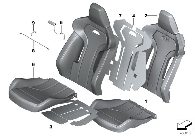 Picture board Seat, front, cushion &cover, sports seat for the BMW 4 Series models  Original BMW spare parts from the electronic parts catalog (ETK) for BMW motor vehicles (car)   Clamp, Intermediate pad, backrest, Intermediate pad, seat, Leather cover sp