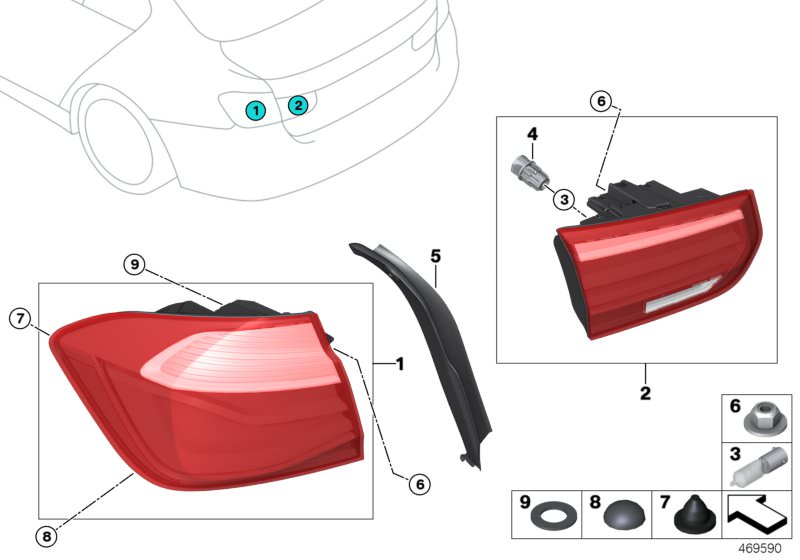 Picture board Rear light for the BMW 3 Series models  Original BMW spare parts from the electronic parts catalog (ETK) for BMW motor vehicles (car)   Bulb socket, Gasket, Gutter strip, right, Longlife bulb, Rear light in the side panel, left, Rear light i