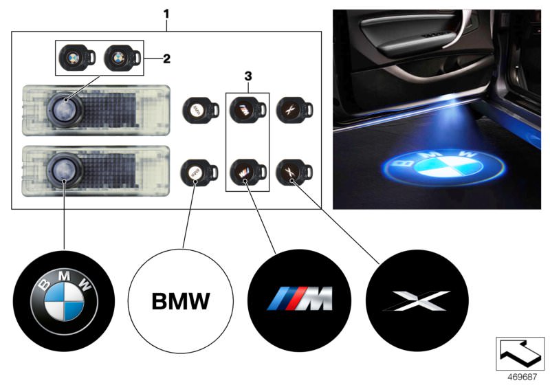Illustration du Projecteur de porte LED pour les BMW 7 Série Modèles  Pièces de rechange d'origine BMW du catalogue de pièces électroniques (ETK) pour véhicules automobiles BMW (voiture) 