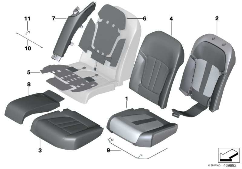 Picture board Seat, rear,cushion, & cover,comfort seat for the BMW 7 Series models  Original BMW spare parts from the electronic parts catalog (ETK) for BMW motor vehicles (car)   Bar right, Basic backrest leather cover, right, Clamp, Cover, comfort seat,