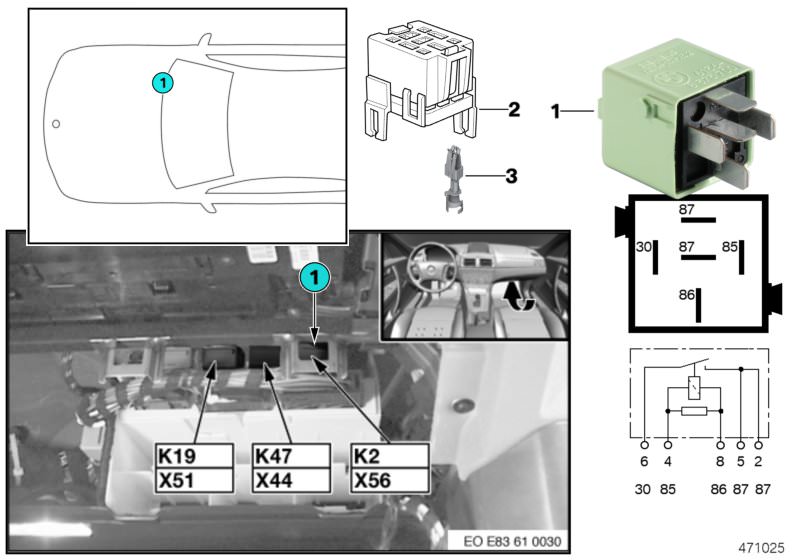 Picture board Relay, fanfare K2 for the BMW X Series models  Original BMW spare parts from the electronic parts catalog (ETK) for BMW motor vehicles (car)   Double leaf spring contact, Relay receptacle, black white, Relay, make contact, white green