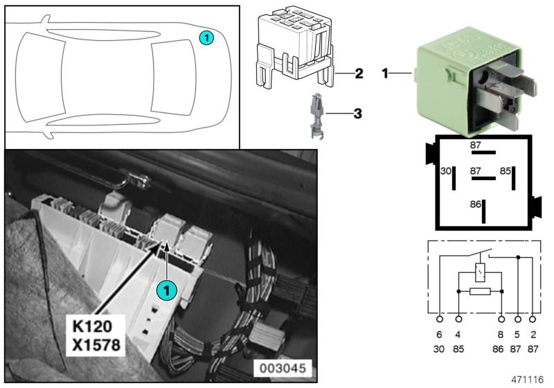 Picture board Relay, rear compartment blower K120 for the BMW 7 Series models  Original BMW spare parts from the electronic parts catalog (ETK) for BMW motor vehicles (car)   Double leaf spring contact, Relay receptacle, black white, Relay, make contact, 