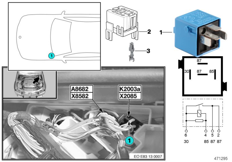 Picture board Relay DDE K2003a for the BMW X Series models  Original BMW spare parts from the electronic parts catalog (ETK) for BMW motor vehicles (car)   Double leaf spring contact, Relay receptacle, black white, Relay, make contact, sky-blue