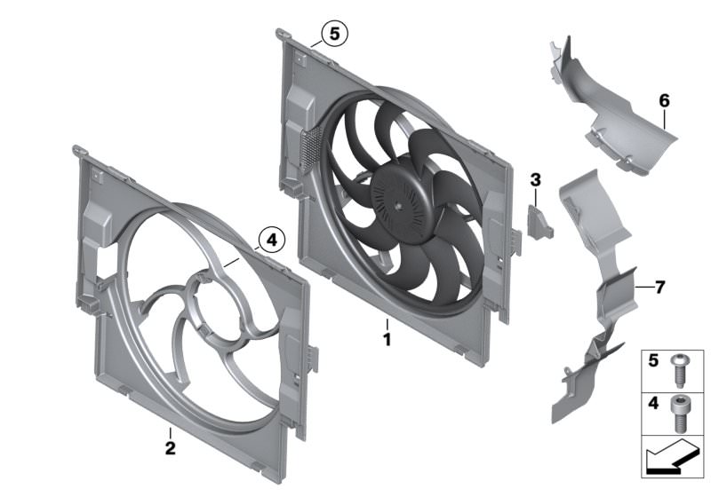 Picture board Fan housing, mounting parts for the BMW 3 Series models  Original BMW spare parts from the electronic parts catalog (ETK) for BMW motor vehicles (car)   Air duct, Bracket, fan housing, Fan housing with fan, Fan shroud, Flap for fan cowl, Scr