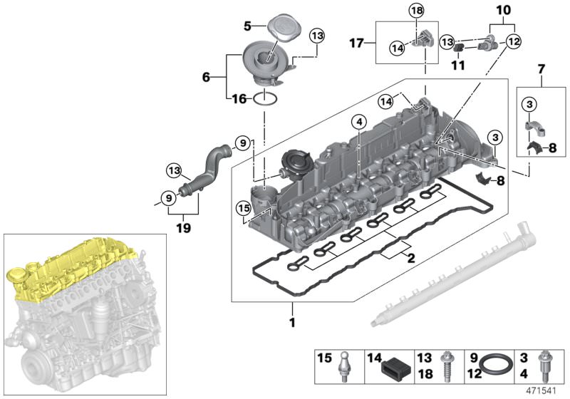 Picture board Cylinder head cover for the BMW 3 Series models  Original BMW spare parts from the electronic parts catalog (ETK) for BMW motor vehicles (car)   ASA-Bolt, Camshaft sensor, Cylinder head cover, Decoupling element, Gasket set, cylinder head co