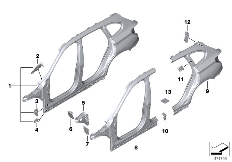 Picture board Side frame for the BMW X Series models  Original BMW spare parts from the electronic parts catalog (ETK) for BMW motor vehicles (car)   Bracket, side panel column A, Bracket, side panel, bottom, Bracket, side panel, top left, Bulkhead, carri