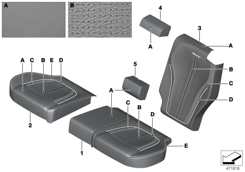 Bildtafel Individual Bezug Komfortsitz Leder für die BMW X Modelle  Original BMW Ersatzteile aus dem elektronischen Teilekatalog (ETK) für BMW Kraftfahrzeuge( Auto)    Bezug Komfortsitz Leder links, Bezug Komfortsitz Leder rechts, Bezug Lehne Leder hinten