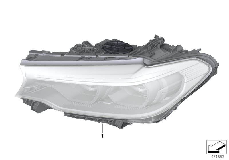 Picture board Headlight for the BMW 5 Series models  Original BMW spare parts from the electronic parts catalog (ETK) for BMW motor vehicles (car)   Headlight LED AHL high left