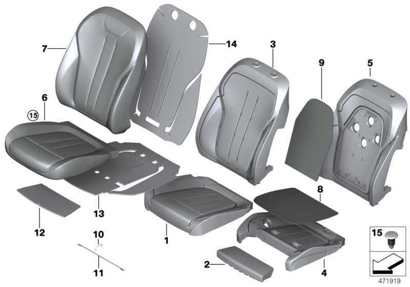 Picture board Seat, front, cushion and cover, Lines for the BMW 5 Series models  Original BMW spare parts from the electronic parts catalog (ETK) for BMW motor vehicles (car)   Clamp, Cover, comf.backrest, A/C leather, right, Foam pad basic backrest left,