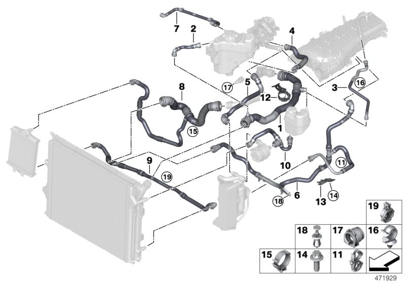 Illustration du Flexibles système de refroidissement pour les BMW 3 Série Modèles  Pièces de rechange d'origine BMW du catalogue de pièces électroniques (ETK) pour véhicules automobiles BMW (voiture)   ASA screw, thread-forming, Blind plug, DUAL CLIP, Edg