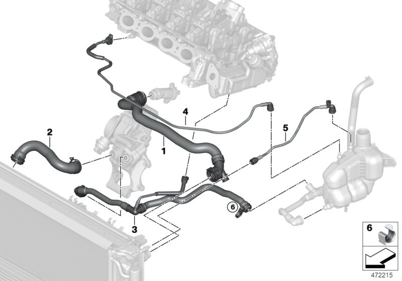 Illustration du Flexibles système de refroidissement pour les BMW 2 Série Modèles  Pièces de rechange d'origine BMW du catalogue de pièces électroniques (ETK) pour véhicules automobiles BMW (voiture)   Cable clamp, Hose, cylinder head, Hose, expansion tan