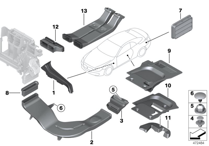Picture board AIR CHANNEL for the BMW 6 Series models  Original BMW spare parts from the electronic parts catalog (ETK) for BMW motor vehicles (car)   Adapter, air duct, Adapter, air duct, rear cabin, right, AIR CHANNEL CENTER, Air duct, footwell, driver´